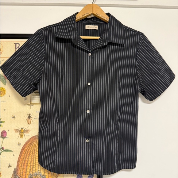 A Bronze Age Tops - A. Bronze Age Black Pinstripe Short Sleeve Button-Down Shirt